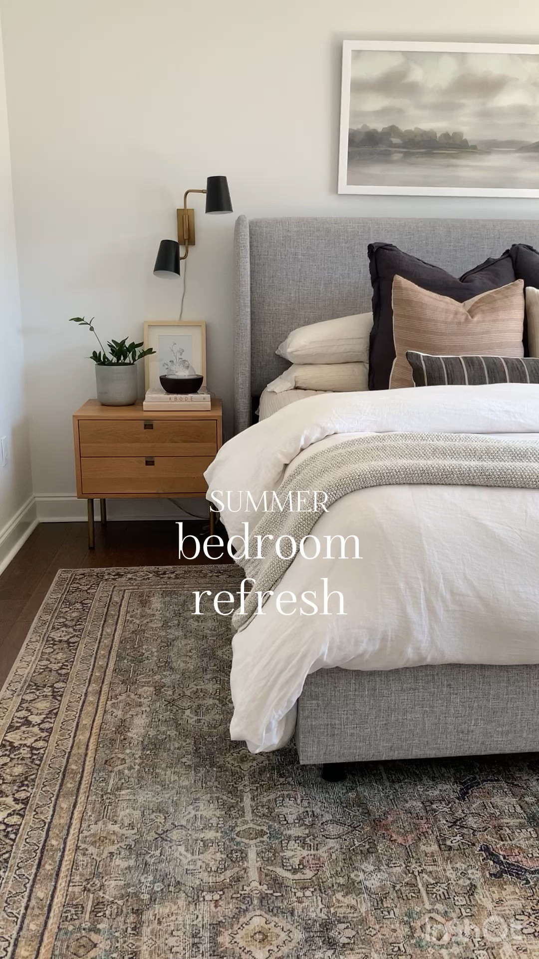 Summer bedroom refresh ideas. I still love our bedroom that @2540loveandco designed so much. It feels so peaceful to be in here (when it’s clean, hah!) Neutral bedroom, grey upholstered bed, wood nightstands, sconces 

#LTKhome #LTKSeasonal #LTKFind