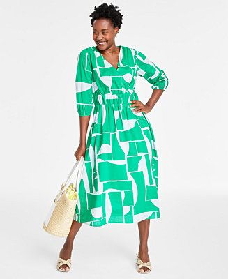On 34th Women's Printed Elbow-Sleeve Midi Dress, Small Pavé-Front Hoop Earrings & Isabellaa Stra... | Macy's