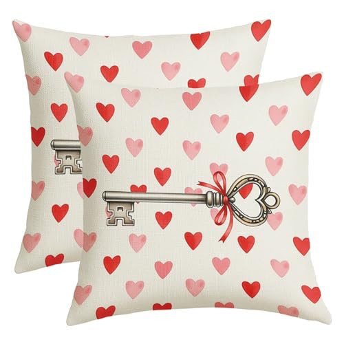 Red Pink Heart Valentines Pillow Covers 20x20 Inch Cute Sweet Vintage Love Key Throw Pillows For Couch Soft Durable Cushion Covers Valentine’s Day Farmhouse Pillow Cases for Bed Sofa Decor Set of 2 | Amazon (US)