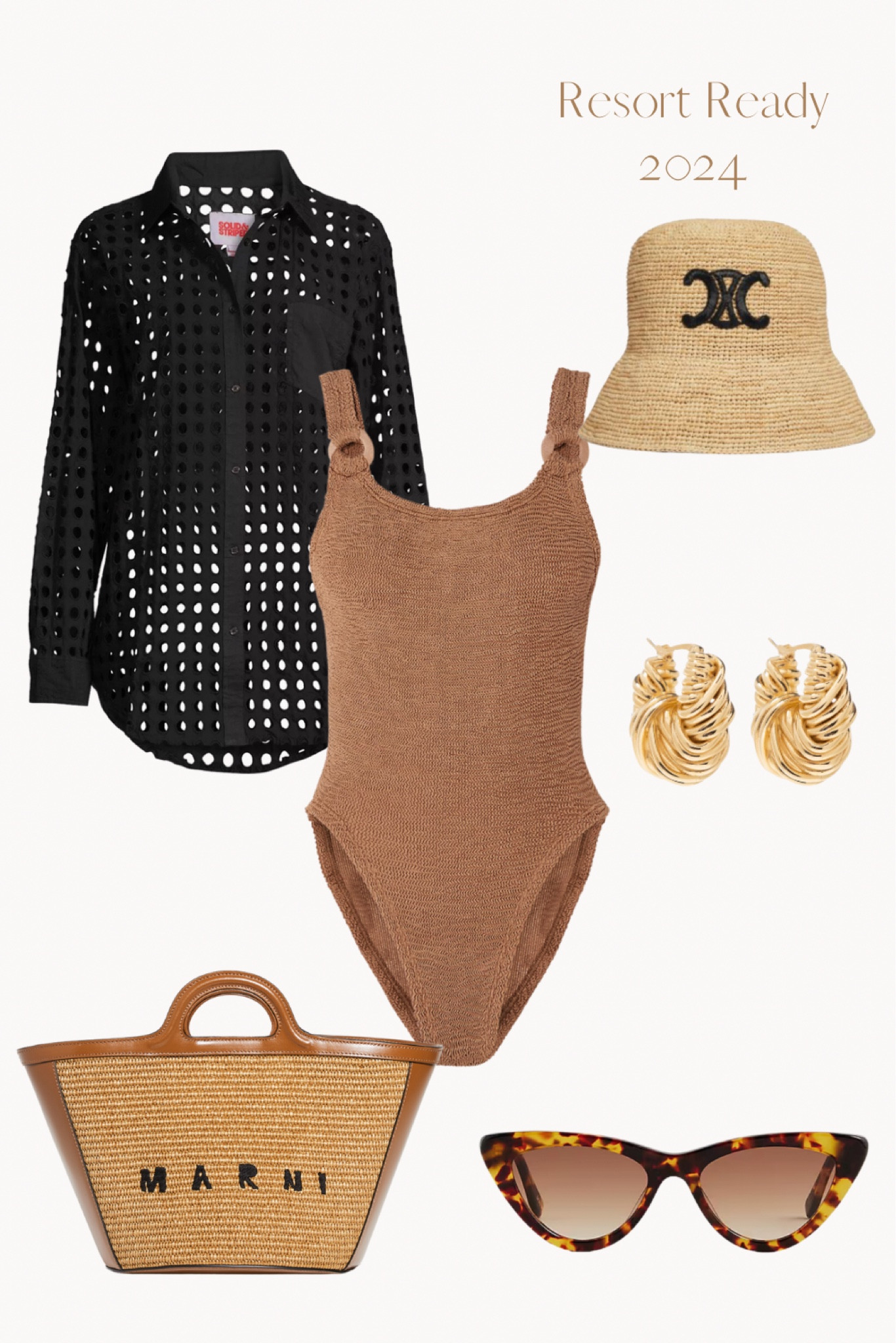 Resort Ready. Spring outfit, summer outfit, swimsuit, Hunza g, gold swimsuit, black coverup, Marni bag, raffia tote, Celine hat, bucket hat, vacation outfit, one size fits all swimsuit, gold hoop earrings, cat eye sunglasses, tortoise sunglasses #LTKitbag

#LTKsalealert #LTKswim #LTKSeasonal