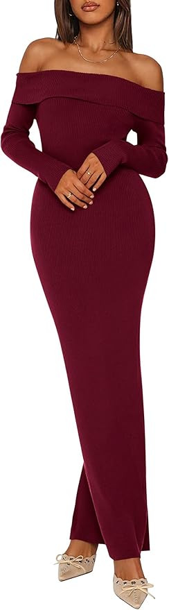 PRETTYGARDEN Women's Winter Sweater Dress Long Sleeve Off Shoulder Slit Maxi Bodycon Cocktail Par... | Amazon (US)