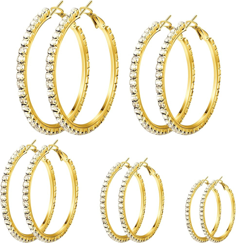 Kigeli 5 Pairs Large Crystal Hoop Earrings Set Big Shiny 3-7 cm Round Party Lightweight Rhineston... | Amazon (US)