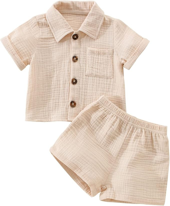 Baby Boys Clothes Set Toddler Infant Boys Button-down Shirt Tops + Cotton Gauze Shorts Summer Out... | Amazon (US)