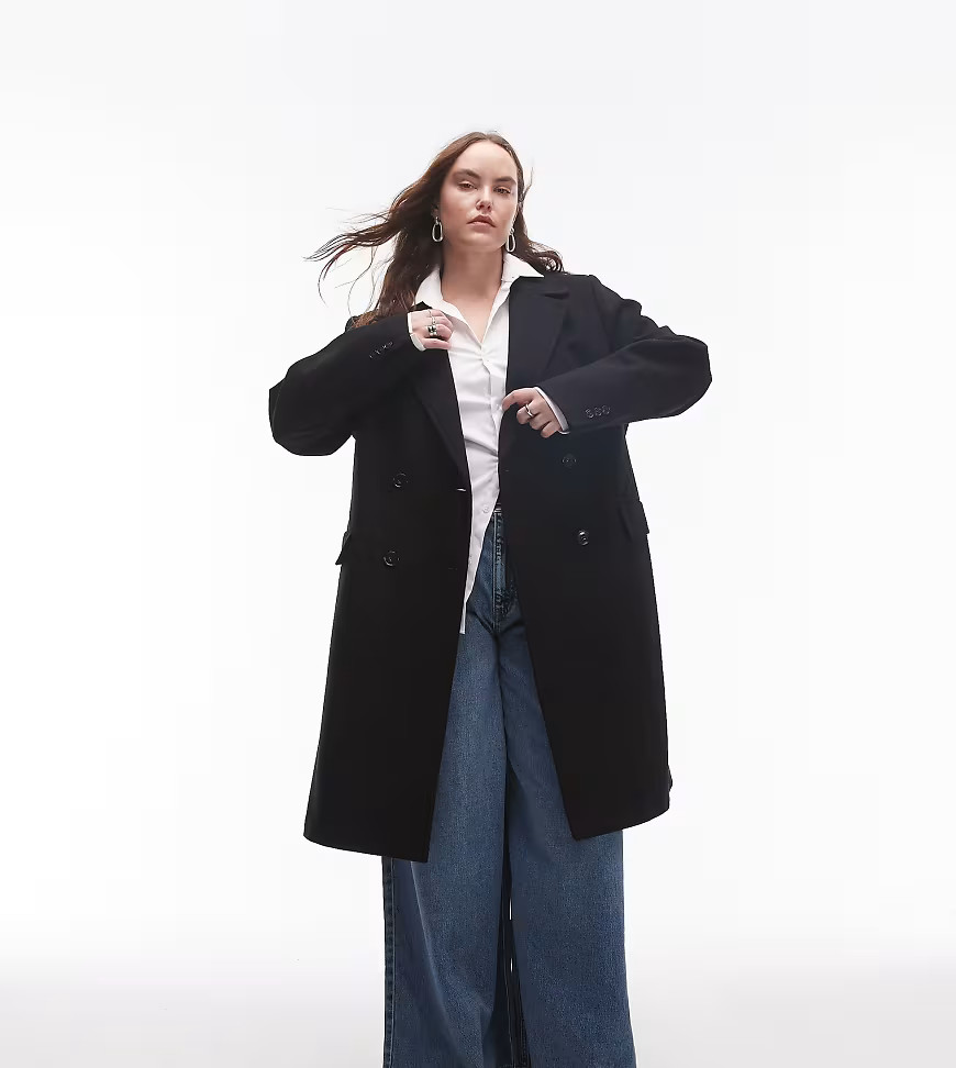 Mango curve double breasted wool coat in black | ASOS (Global)