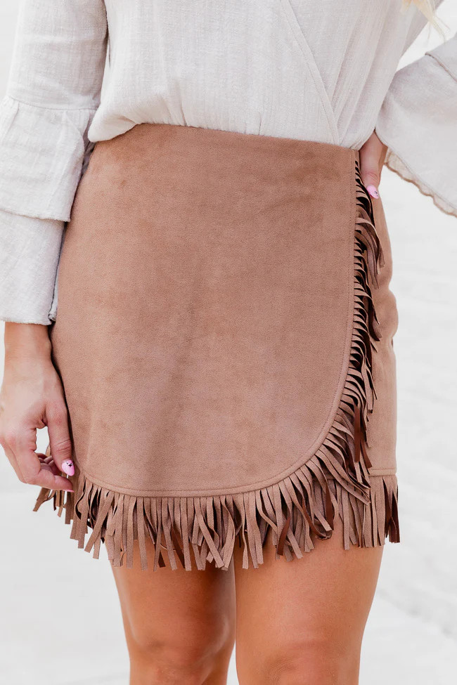 I'll Go First Brown Fringe Hem Suede Mini Skort | Pink Lily