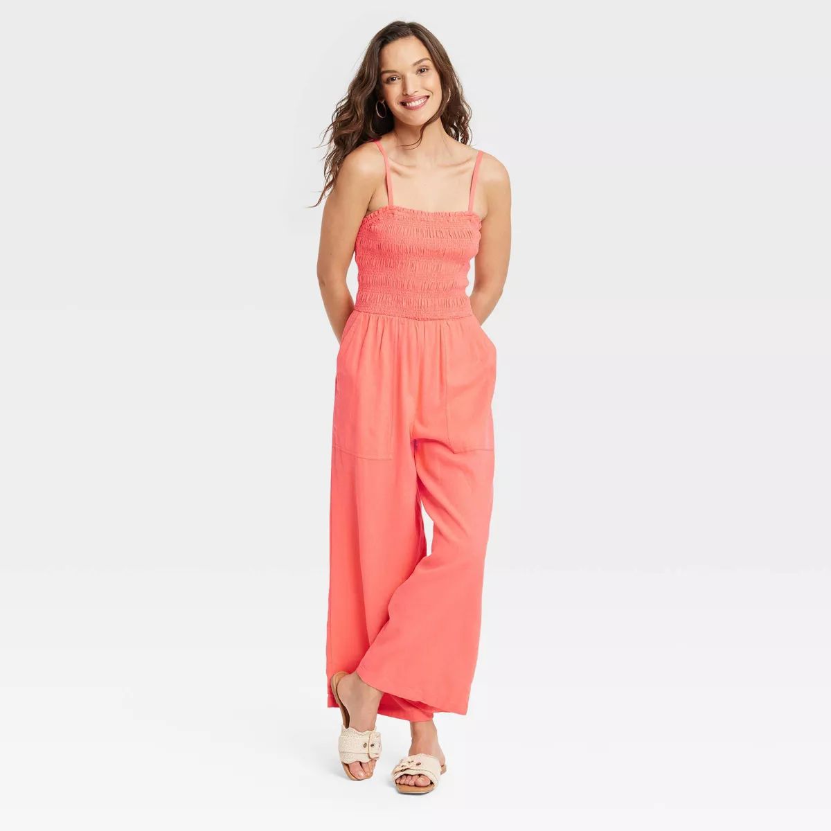Women's Smocked Linen Maxi Jumpsuit - Universal Thread™ Coral Pink M | Target