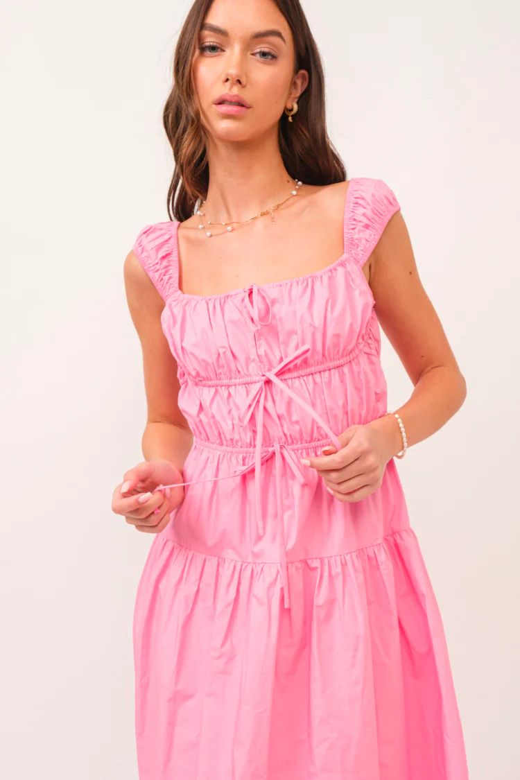 Nimes Pink Bow Tie Midi Dress | Confête