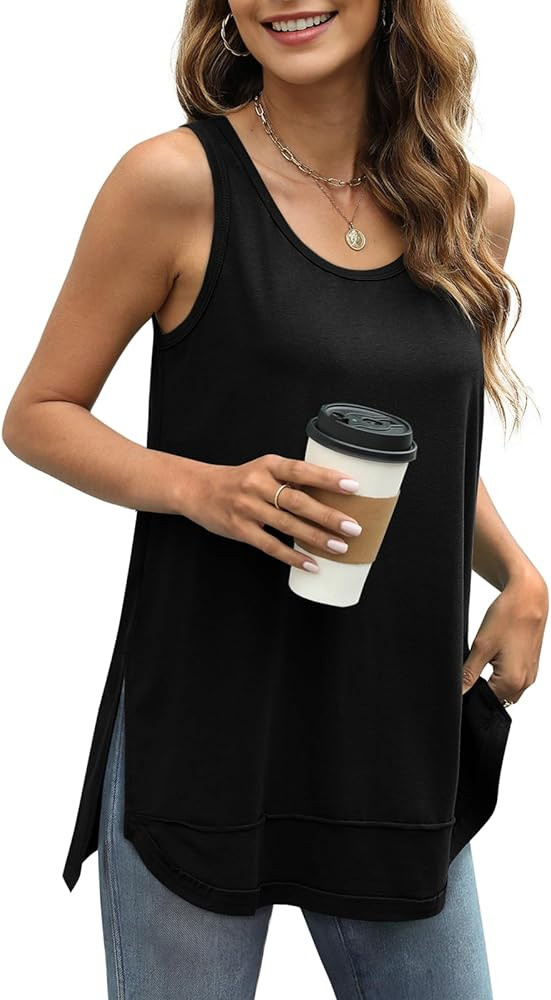 WIHOLL Loose Fit Tank Tops for Women Scoop Neck Summer Side Split Sleeveless Shirts 2024 Fashion | Amazon (US)