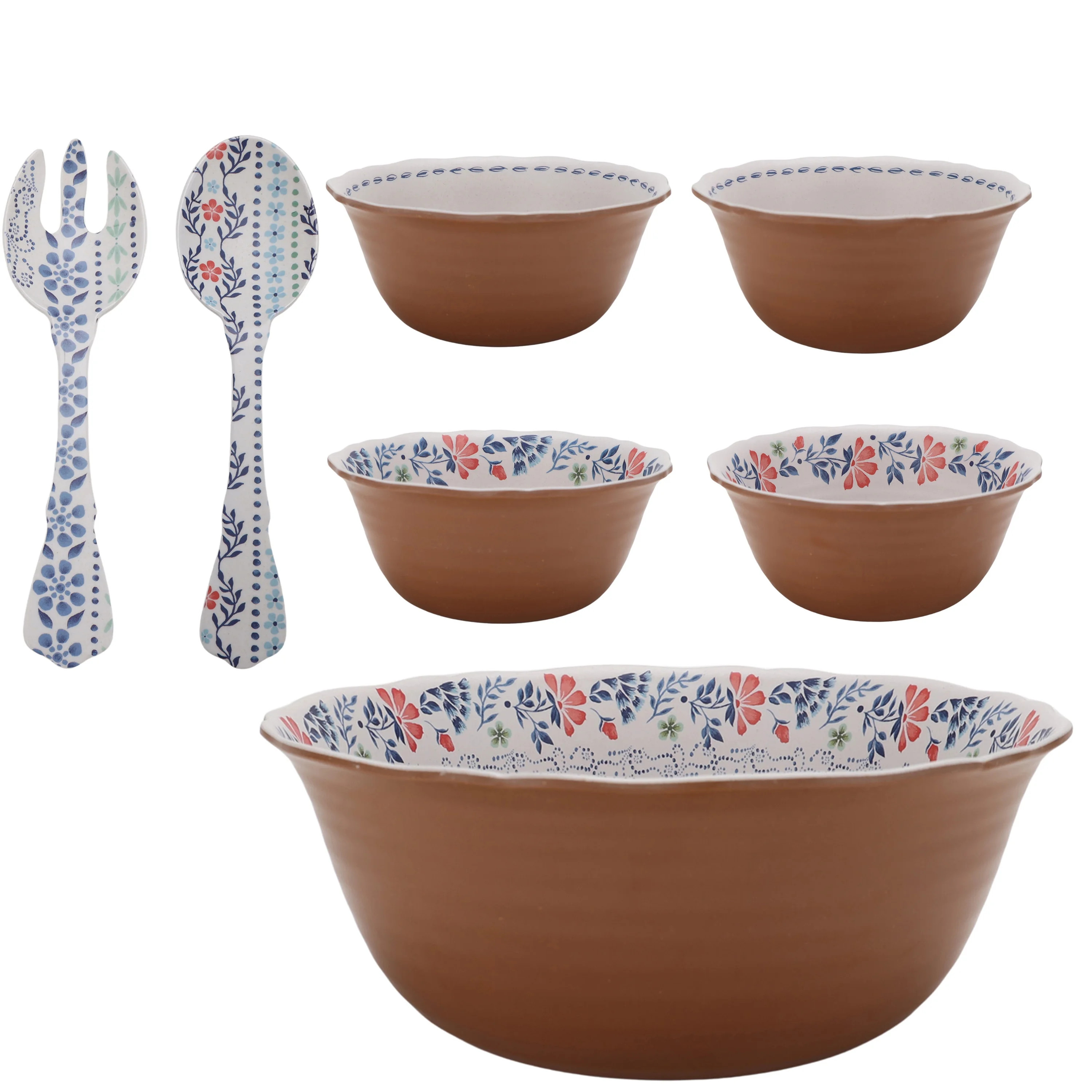 The Pioneer Woman Hattie 7-Piece Bamboo Melamine Salad Bowl Set, Multicolor | Walmart (US)