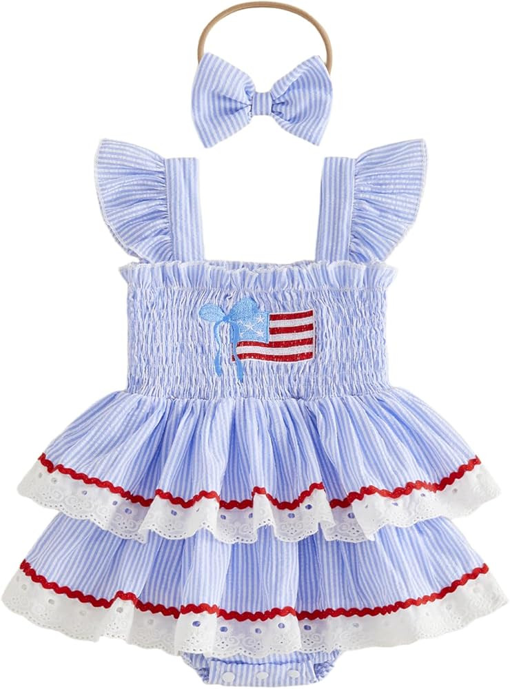 Adobabirl Baby Girl 4th of July Outfit American Flag Dress Romper Lace Ruffle Layered Skirt Bodysuit Patriotic Baby Clothes | Amazon (US)