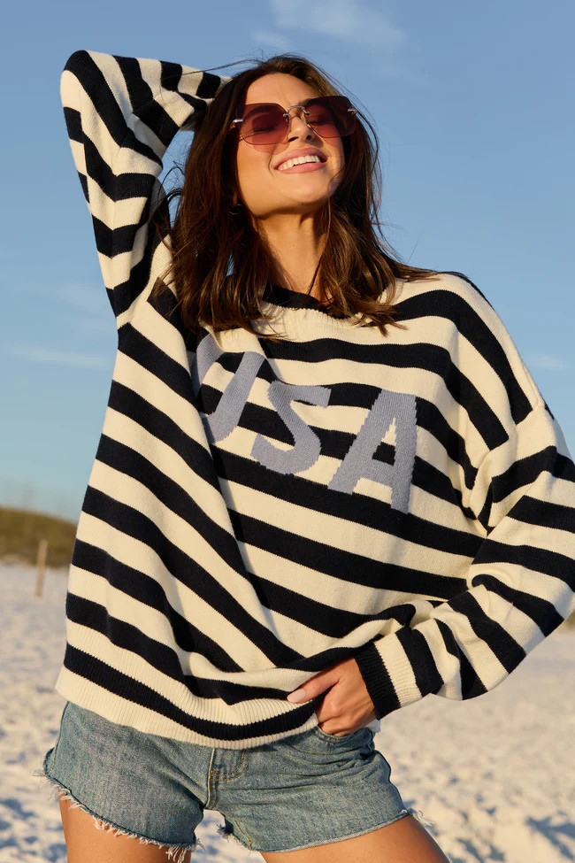 USA Navy And Ivory Striped Sweater SALE | Pink Lily