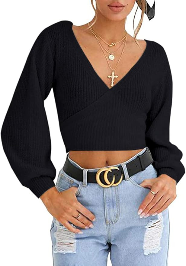 LOMON Women's Knitted Crop Deep V-Neck Long Sleeve Pullover Cross Wrap Front Loose Pullover Sweat... | Amazon (US)
