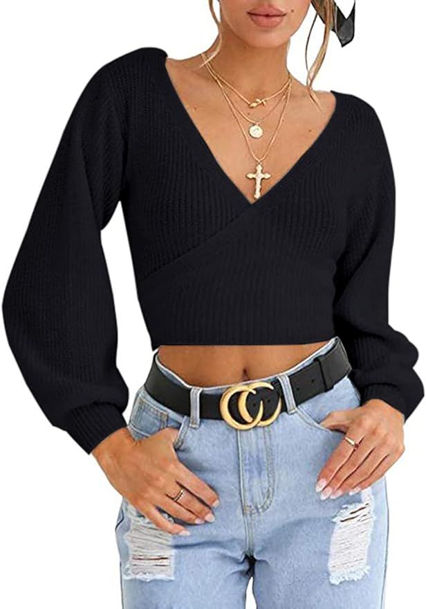 LOMON Women's Knitted Crop Deep V-Neck Long Sleeve Pullover Cross Wrap Front Loose Pullover Sweat... | Amazon (US)