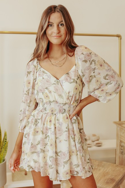 Gwendolyn Surplice Cream Floral Romper | Magnolia Boutique