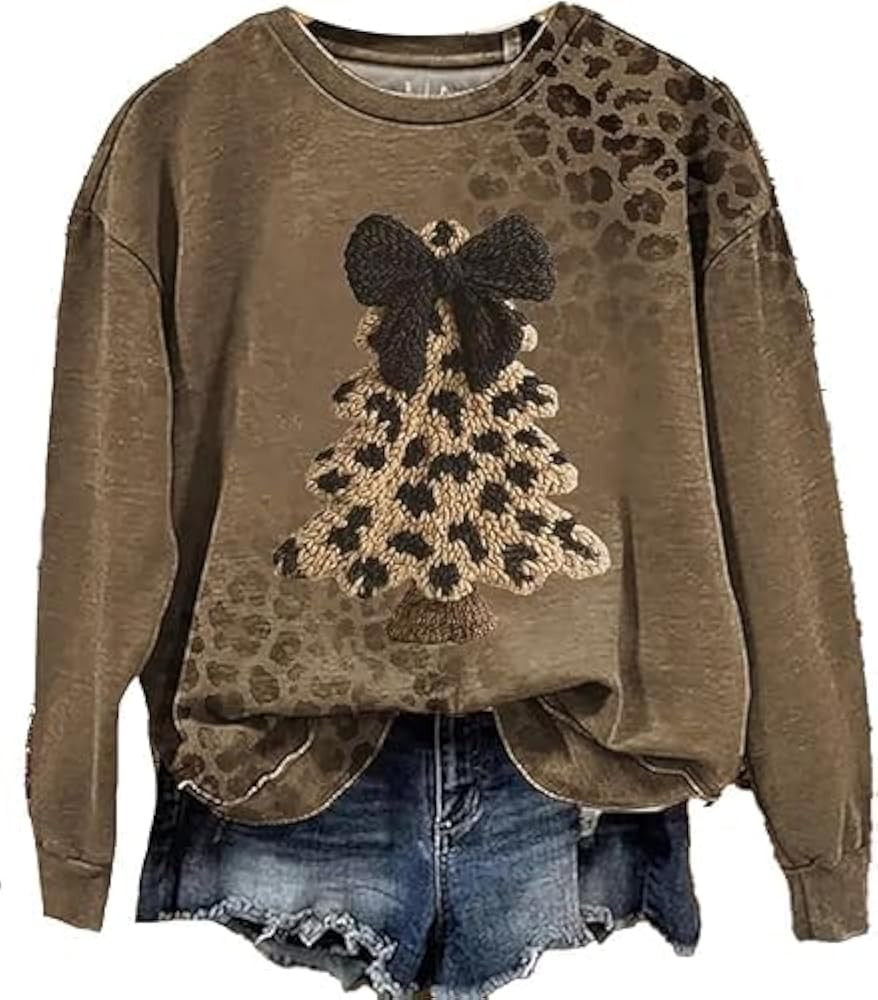 Women's Leopard Christmas Tree Sweatshirt with Black Bowknot Casual Long Sleeve Holiday Pullover ... | Amazon (US)