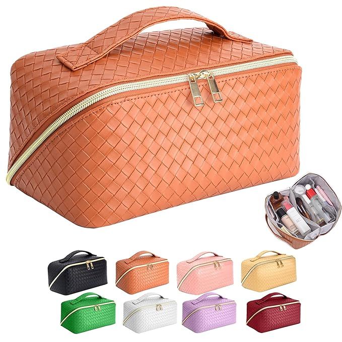 Large Capacity Travel Cosmetic Bag - Makeup Bag, Portable Leather Waterproof Women Organizer, wit... | Amazon (US)