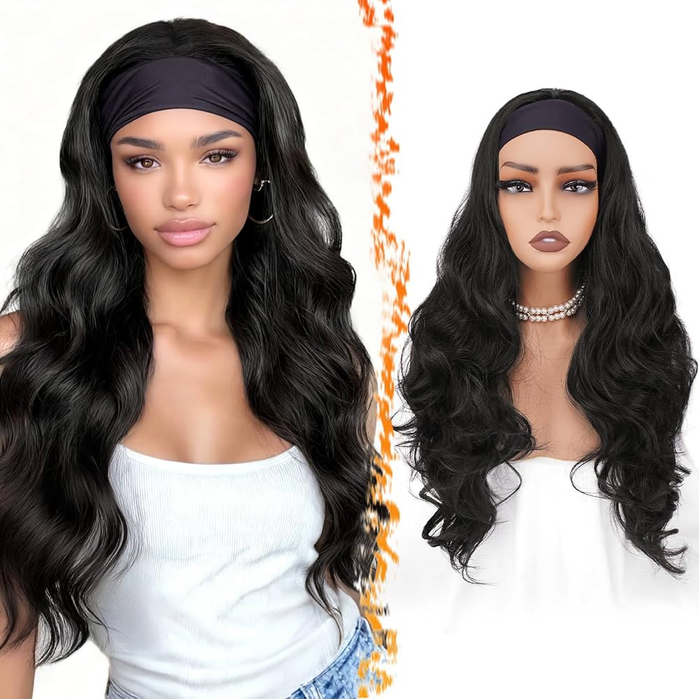 BARSDAR Long Body Wave Black Headband Wig - Black Loose Body Wavy Headband Wig for Women - 26 Inc... | Amazon (US)