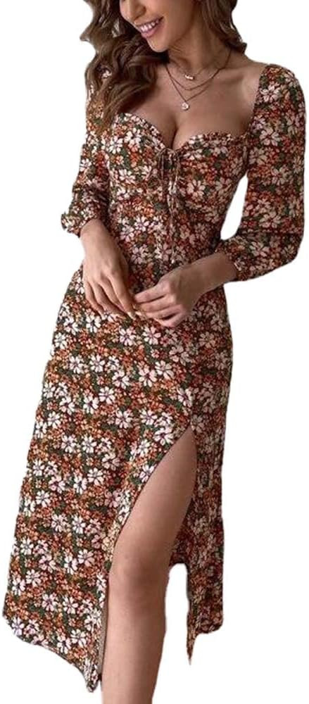 WOWARKI Women Square Neck Bustier Maxi Dress Front Tie 3/4 Sleeve Sweetheart Neck Babydoll Dress ... | Amazon (US)