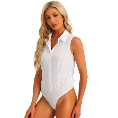 INSPIRE CHIC Women's Sleeveless Collared Business Work Tops Button Down Bodysuit Large White | Target