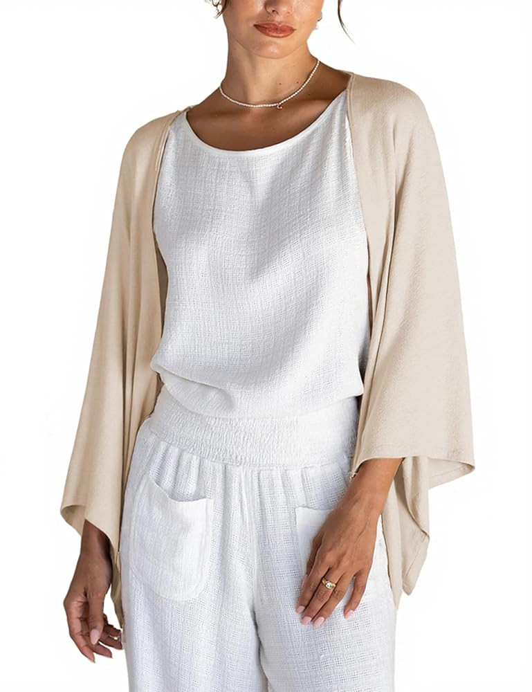 Bankeng Women's Linen Cardigan 3/4 Sleeve Open Front Loose Cover Ups Lightweight Shrug | Amazon (US)