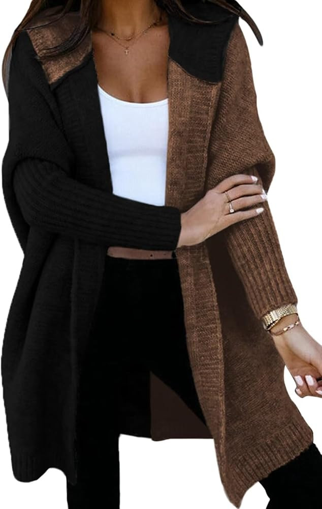Astylish Women 2025 Fall Outfits Open Front Long Sleeve Hooded Knit Cardigan Sweaters Color Block... | Amazon (US)