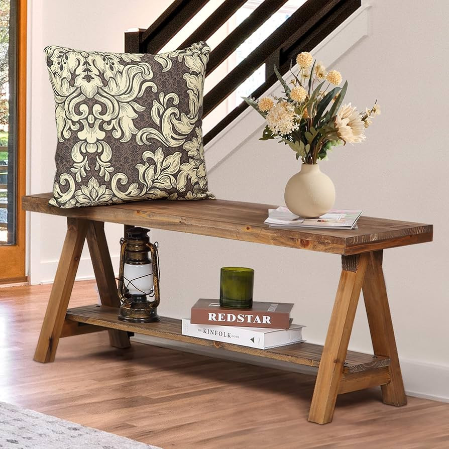 Wnutrees 43" Farmhouse Wood Bench, Long Rustic Indoor Storage Bench for Entryway, Living Room, Di... | Amazon (US)