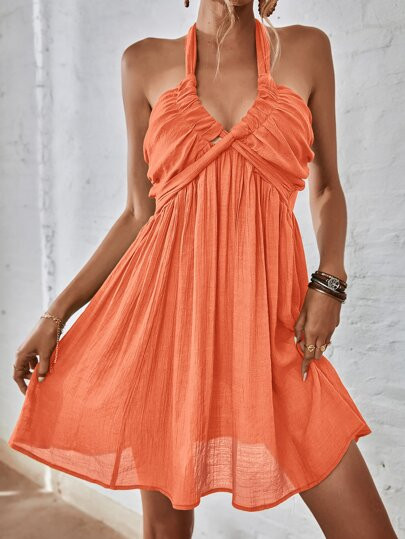 Shirred Backless Halter Neck Dress | SHEIN