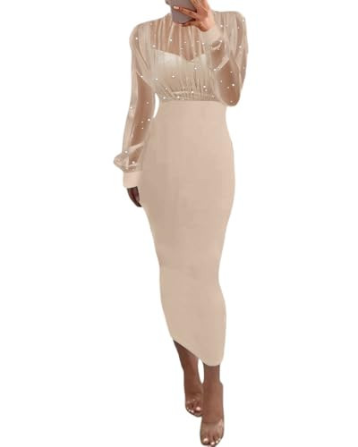 CHICME Women's Sexy Bodycon Midi Dress Mock Neck Long Sleeve Sheer Dresses Beaded Night Club Apricot Party Dresses-M | Amazon (US)