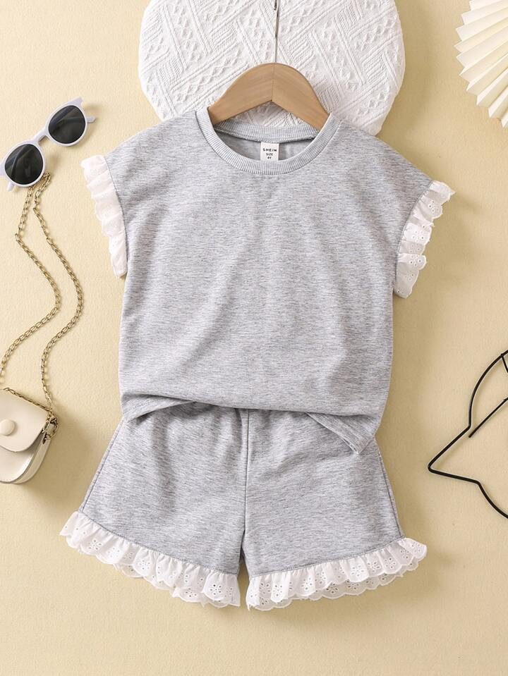 SHEIN Young Girl Eyelet Embroidery Trim Batwing Sleeve Tee & Shorts | SHEIN