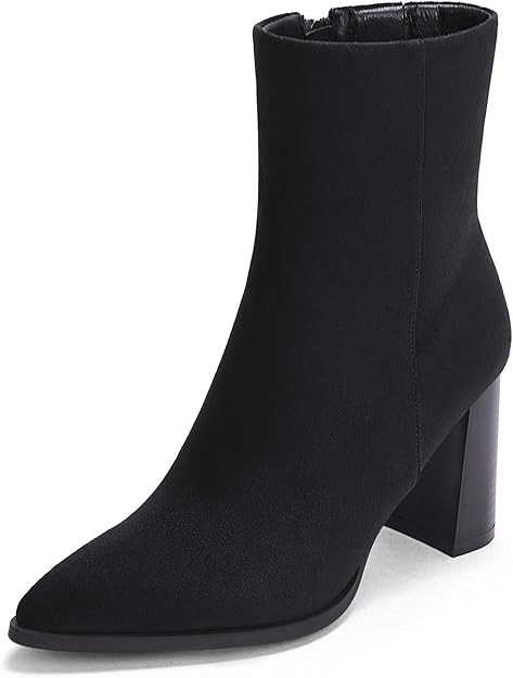 Coutgo Womens Ankle Boots Pointed Toe Chunky Stacked Heel Side Zipper Dress Fall Booties Shoes | Amazon (US)