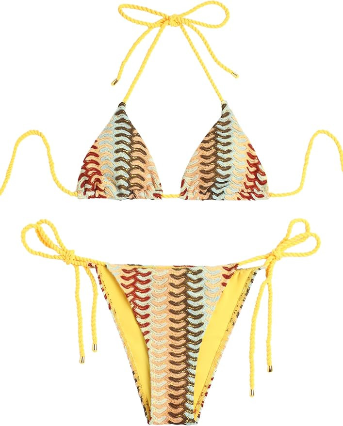 ZAFUL 2 Piece Triangle Bikini for Women Knitted Rope Halter Bikini Sets Sexy Bathing Suit Side Ti... | Amazon (US)