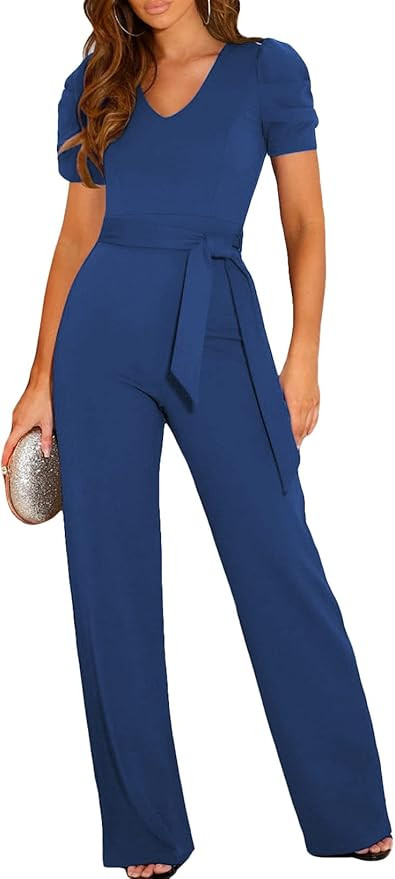 BLENCOT Womens Jumpsuit Short Sleeve Casual v Neck Belted Wide Leg Formal Rompers Jumpsuits S-XL | Amazon (US)