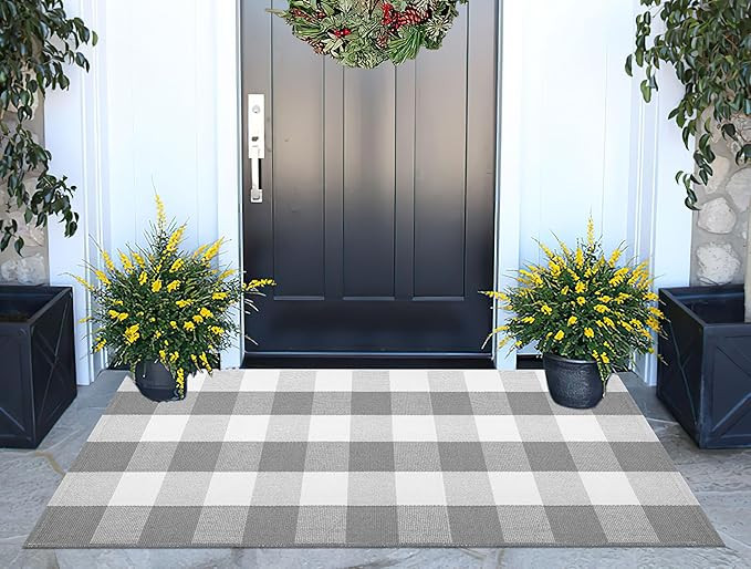 Grey and White Buffalo Plaid Rug 24''x 51''Checkered Outdoor Porch Rug Cotton Woven Machine Washable Farmhouse Mat for Indoor,Outdoor, Kitchen, Farmhouse, Entryway,Bathroom | Amazon (US)
