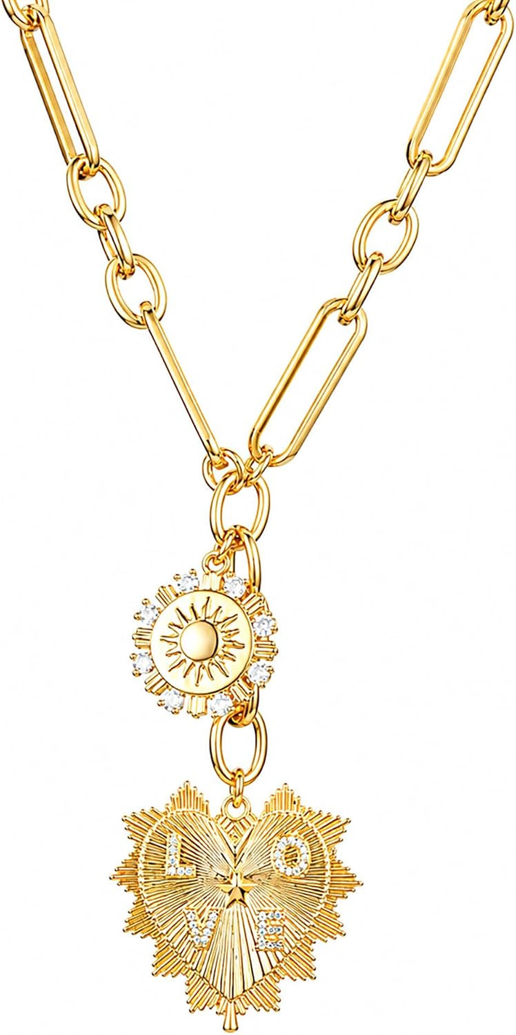 HETICA Chunky Gold Necklace Women Heart Sun Charm Adjustable Jewelry | Amazon (US)
