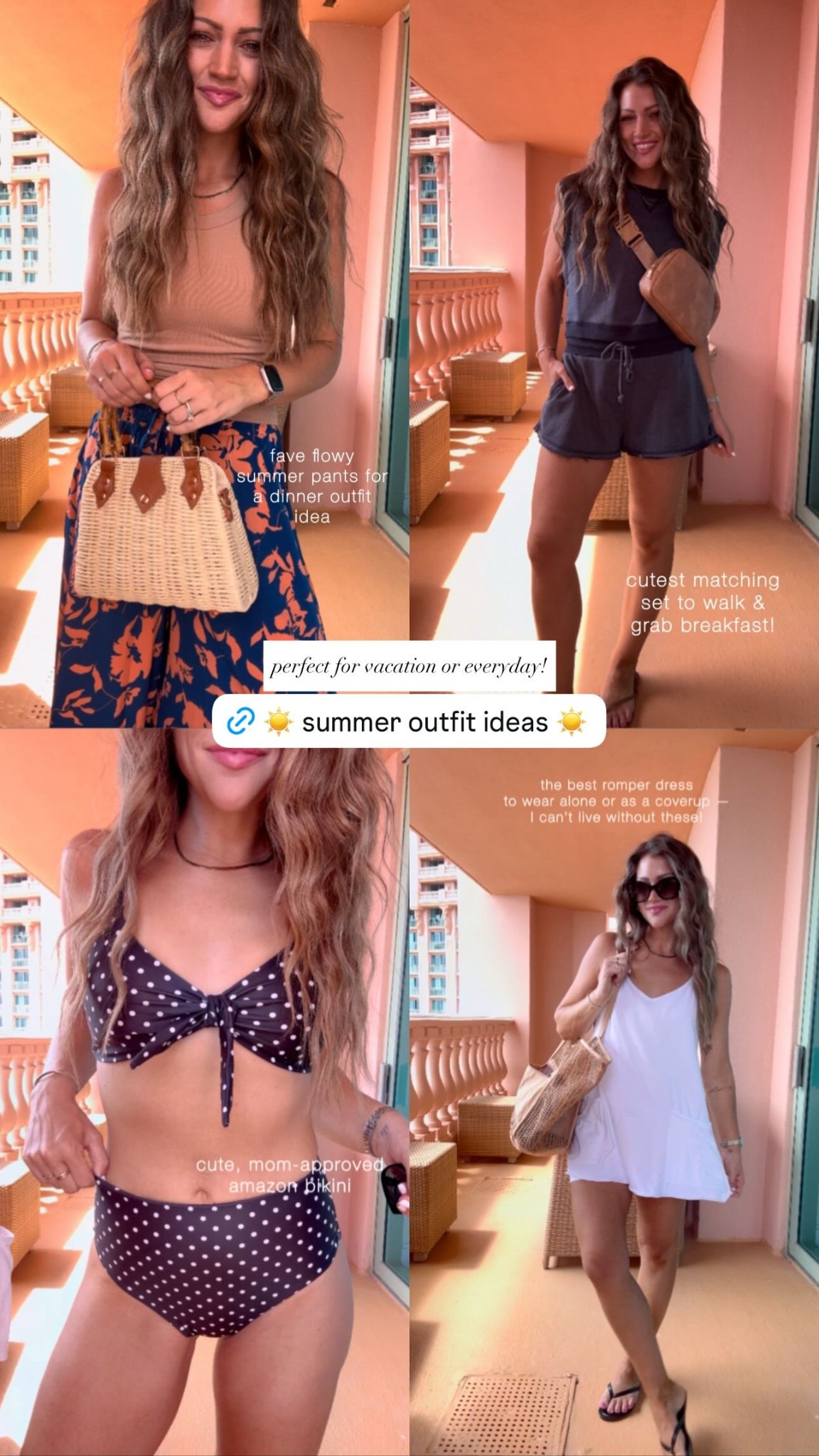 A full day of vacay looks :) whether going on vacation or not, these looks are perfect for so many summer occasions! I’m in my true size S in everything.
Extra details on each outfit:
>this comfy set is a FAVE of mine! So perfect to throw on all summer long.
>this Amazon suit is 12/10! It’s mom approved 🙌🏻 love the high rise and it has wonderful support at the bust! The material is really soft and stretchy, too.  
>I can’t stop buying more colors in this romper dress. I love wearing them alone with a sports bra to EVERYTHING & anything in the summer with the girls! And also super cute as a coverup too. 
>if you haven’t tried these flowy summer pants from Amazon yet, you’re missing out! They dress up or down so easily. I keep going back for more colors because they work for sooo many things and are crazy comfy. 
#amazonfinds #amazonfashion #beachvacation #vacationoutfits #summeroutfitideas 


