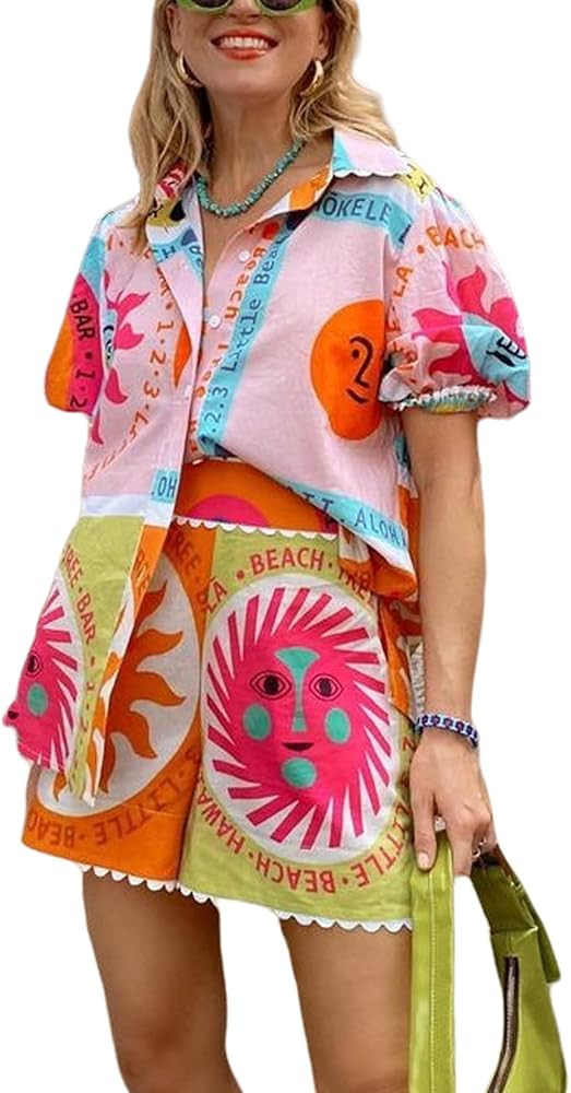 Womens Boho 2 Piece Summer Outfits Puff Short Sleeve Button Down Hawaiian Shirt and Shorts Sets T... | Amazon (US)