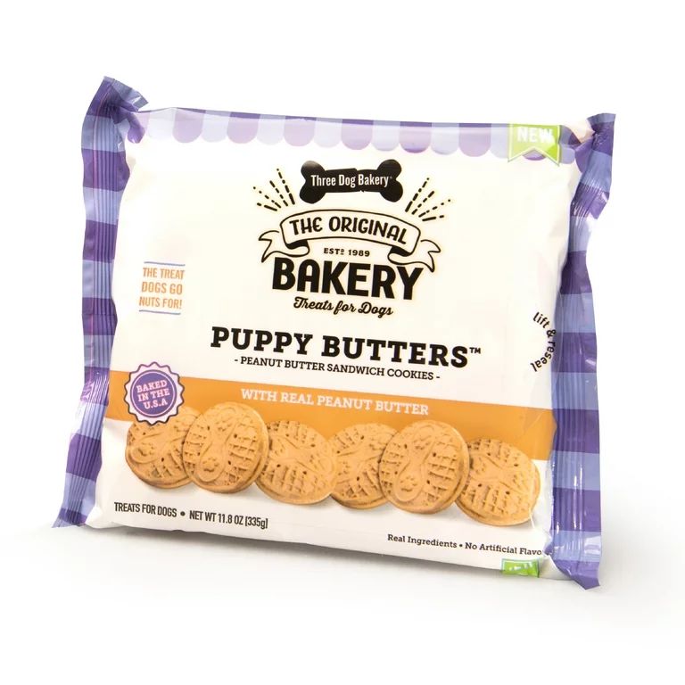 Three Dog Bakery Puppy Butters, Peanut Butter Flavored Sandwich Cookies, Crunchy Treats for Dogs,... | Walmart (US)