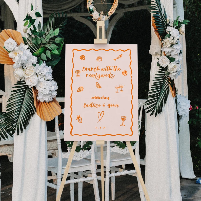 Post Wedding Brunch Sign,Newlywed Brunch, Whimsical Scribble Illustration, French Inspired, Peach... | Etsy (US)