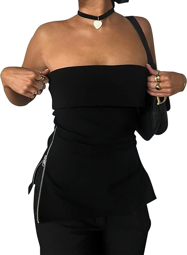 KAMISSY Women’s Casual Strapless Side Zipper Tube Tops Sexy Off Shoulder Stretch Sleeveless Goi... | Amazon (US)