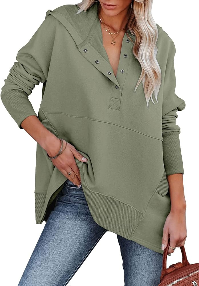 onlypuff Womens Oversized Hoodies and Sweatshirt V Neck Button up Loose Fit Henley Shirt 2022 Fal... | Amazon (US)