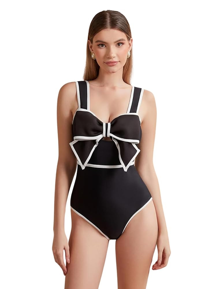 FLAXMAKER Black and White Swimsuit Bow-tie Decor One Piece Bathing Suit | Amazon (US)