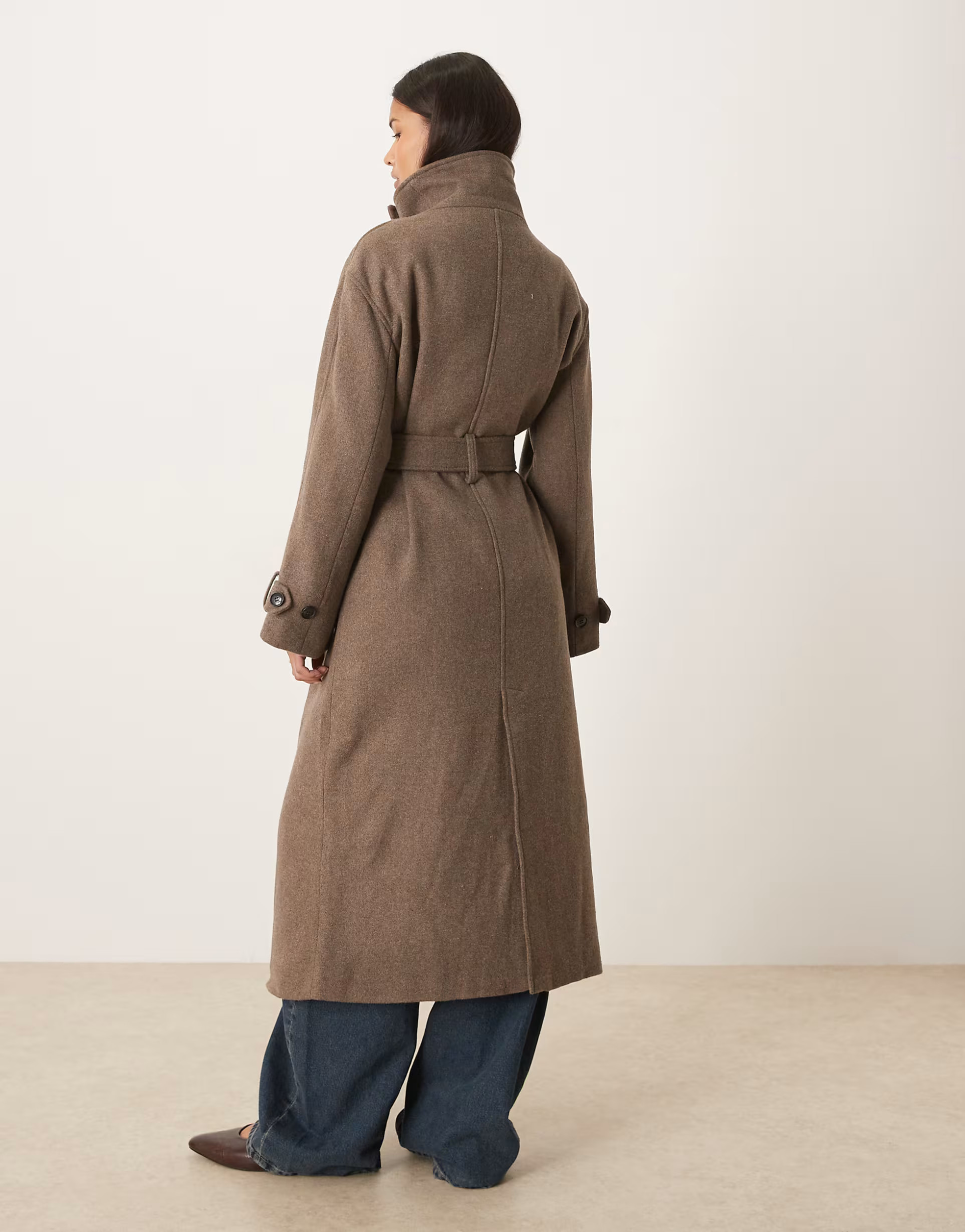 Gina Tricot wool belted midaxi coat with funnel neck detail in taupe gray | ASOS (Global)