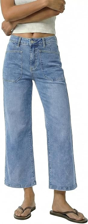 GRAPENT Wide Leg Jeans Woman Trendy Cropped High Waisted Patch Pocket Stretch Denim Pants Baggy L... | Amazon (US)