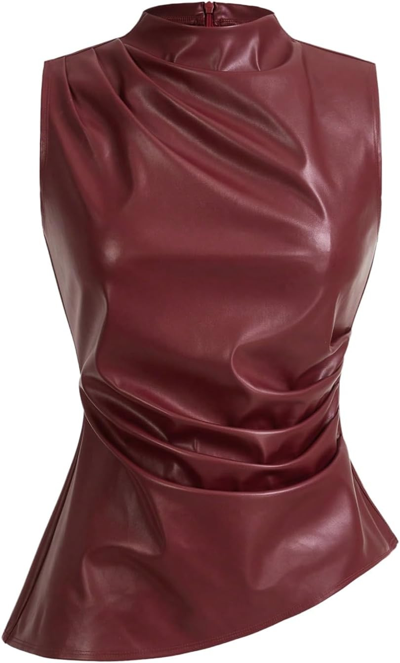 SHENHE Women's Mock Neck PU Leather Sleeveless Pleated Tank Top | Amazon (US)
