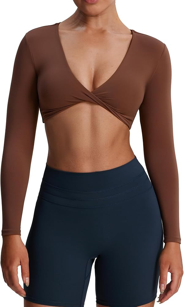 Aoxjox Long Sleeve Crop Tops for Women Sienna Twist Deep V Workout Cropped T Shirt Top | Amazon (US)