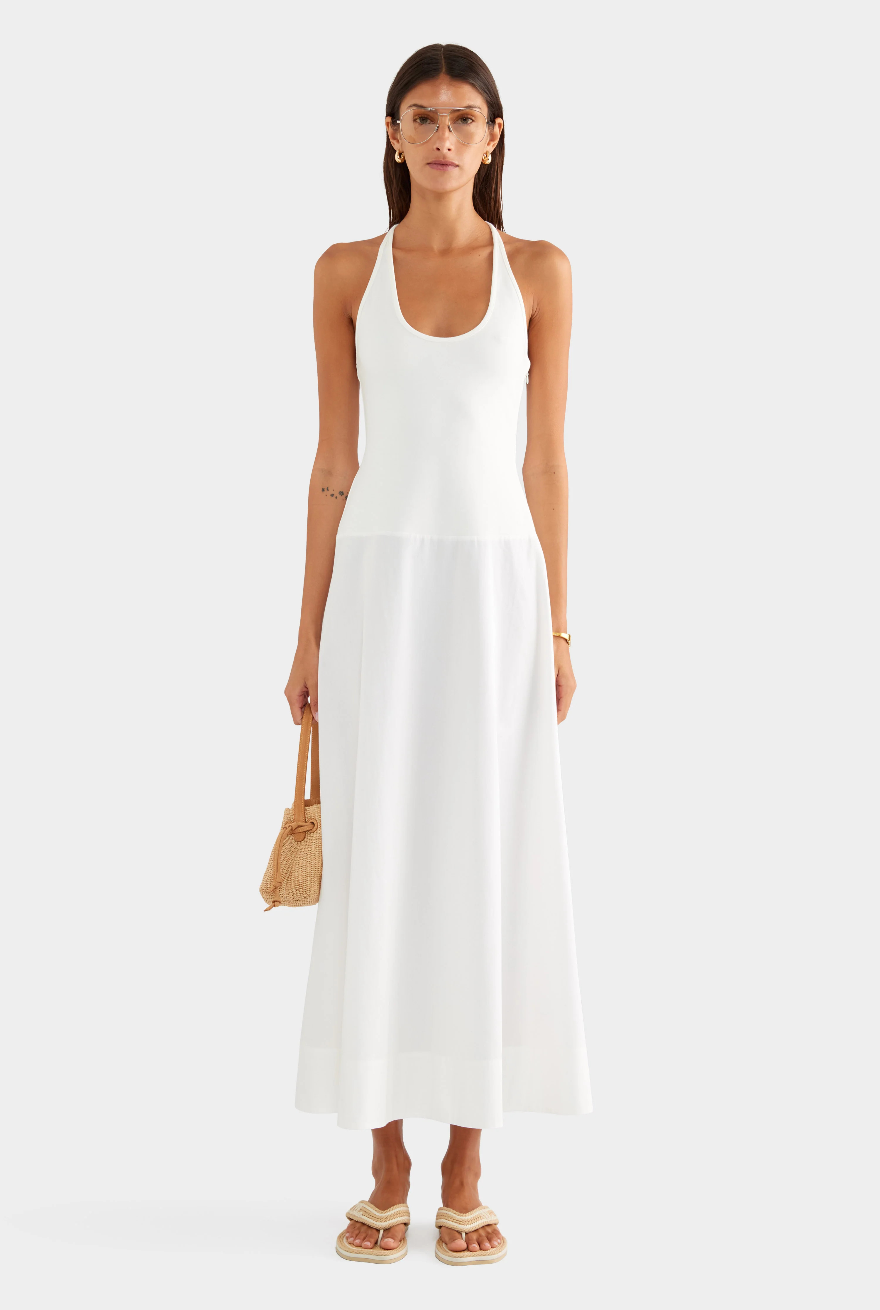 Braided Strap Halter Maxi Dress Off White | Venroy | Venroy AU
