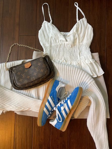 Spring coffee shop outfit idea 
White top: small
Utility skort: small
Bolero cardigan: one size 
Adidas gazelle sneakers: 4.5 men 
Lv multi pochette 

#LTKshoecrush #LTKSeasonal #LTKstyletip