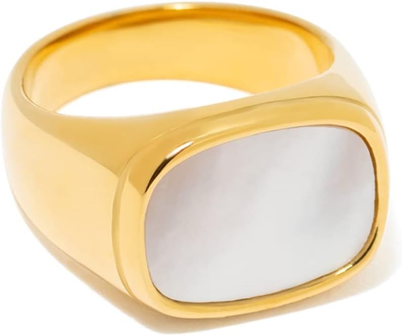 Gold Chunky Signet Ring for Women Men, White Fresh-Water Mother of Pearl Shell, Stackable Stateme... | Amazon (US)