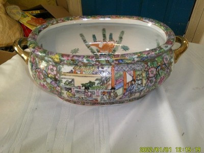 PORCELAIN LARGE 2 HANDLE ORIENTAL PATTERN OVAL WASH BOWL GOLD FISH FANTAIL | eBay US