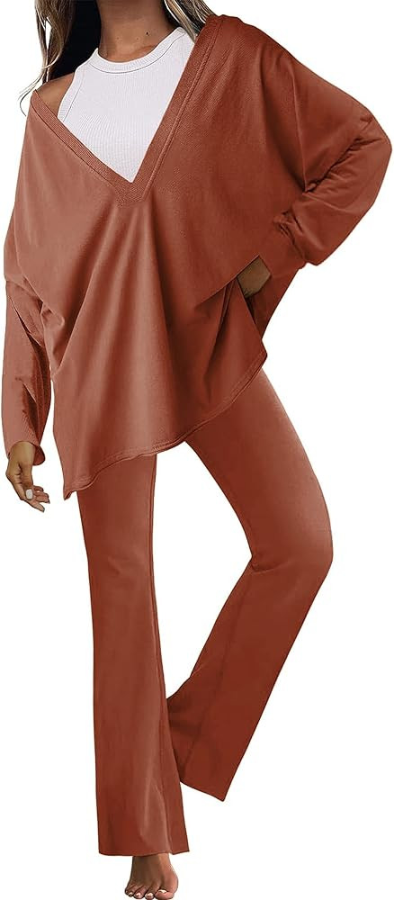 UANEO 2 Piece Outfits for Women Oversized Shirts and Flare Pants Sets Hot Shot Reversible Long Sl... | Amazon (US)